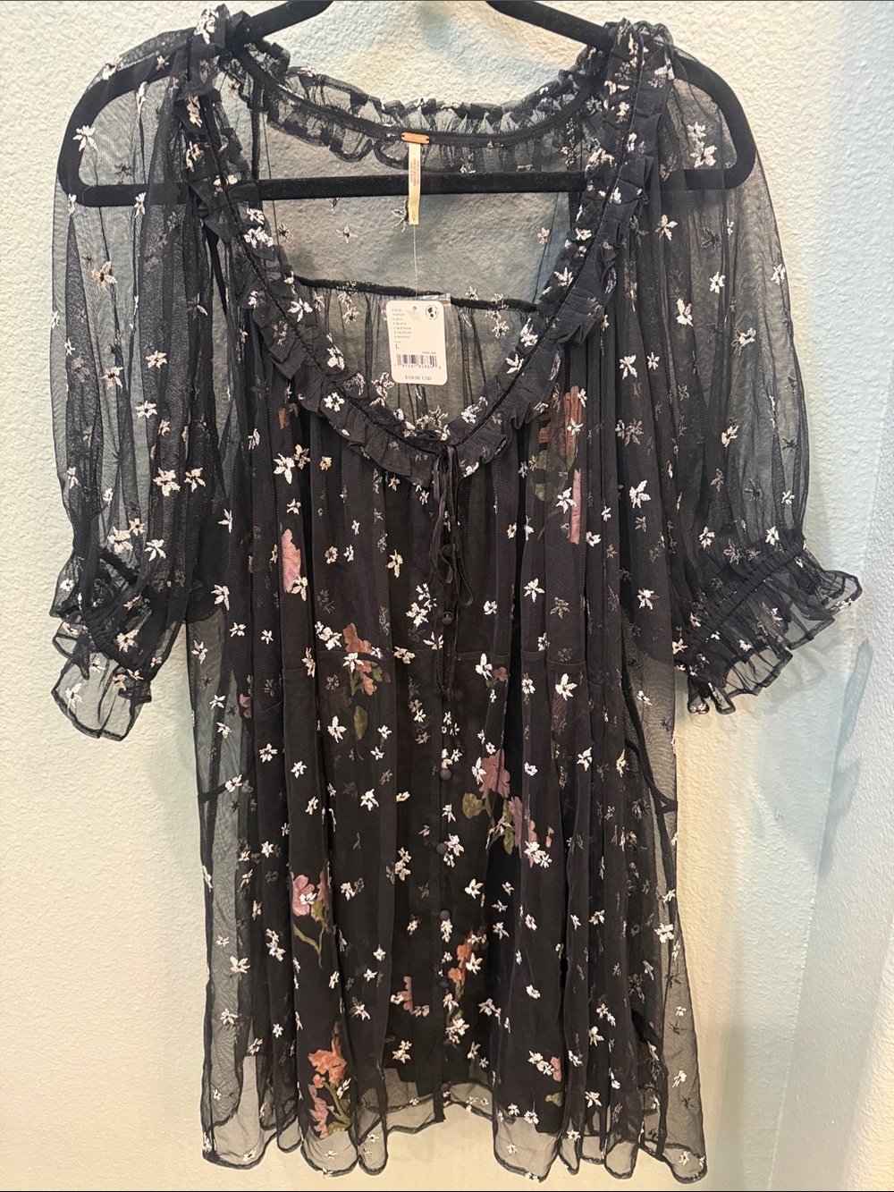 Free People With Love Floral Embroidered Mesh Minidress Large NWT